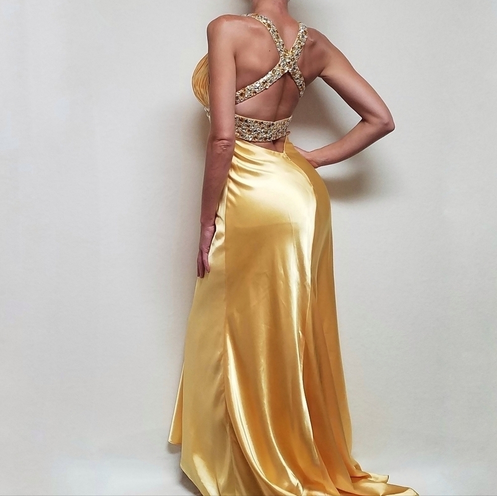Vintage Beyond Jovani Yellow Charmeuse Shimmer V-neck Beaded Backless Maxi Dress - Picture 3 of 16